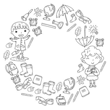 Sonbahar. Okula dönüş. Eğitim. Küçük çocuklar. Oğlanlar ve kızlar. Ana ve Okulu. Çocuklar eğlenceli ve çalışma sahip olacak. Oyun ve kitap ve öğretmenleri ile birlikte büyür. Hayal gücü.