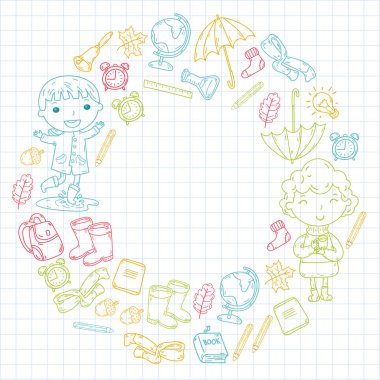 Sonbahar. Okula dönüş. Eğitim. Küçük çocuklar. Oğlanlar ve kızlar. Ana ve Okulu. Çocuklar eğlenceli ve çalışma sahip olacak. Oyun ve kitap ve öğretmenleri ile birlikte büyür. Hayal gücü.