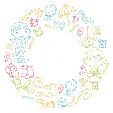 Sonbahar. Okula dönüş. Eğitim. Küçük çocuklar. Oğlanlar ve kızlar. Ana ve Okulu. Çocuklar eğlenceli ve çalışma sahip olacak. Oyun ve kitap ve öğretmenleri ile birlikte büyür. Hayal gücü.