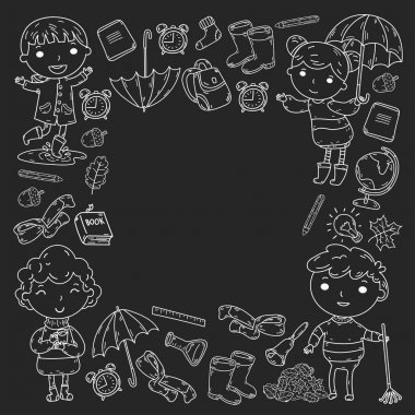 Sonbahar. Okula dönüş. Eğitim. Küçük çocuklar. Oğlanlar ve kızlar. Ana ve Okulu. Çocuklar eğlenceli ve çalışma sahip olacak. Oyun ve kitap ve öğretmenleri ile birlikte büyür. Hayal gücü.