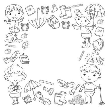 Sonbahar. Okula dönüş. Eğitim. Küçük çocuklar. Oğlanlar ve kızlar. Ana ve Okulu. Çocuklar eğlenceli ve çalışma sahip olacak. Oyun ve kitap ve öğretmenleri ile birlikte büyür. Hayal gücü.