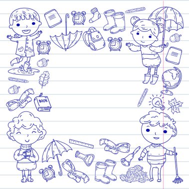 Sonbahar. Okula dönüş. Eğitim. Küçük çocuklar. Oğlanlar ve kızlar. Ana ve Okulu. Çocuklar eğlenceli ve çalışma sahip olacak. Oyun ve kitap ve öğretmenleri ile birlikte büyür. Hayal gücü.