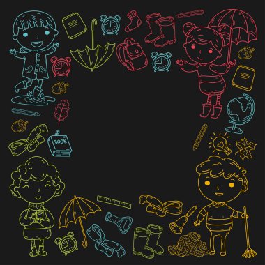 Sonbahar. Okula dönüş. Eğitim. Küçük çocuklar. Oğlanlar ve kızlar. Ana ve Okulu. Çocuklar eğlenceli ve çalışma sahip olacak. Oyun ve kitap ve öğretmenleri ile birlikte büyür. Hayal gücü.