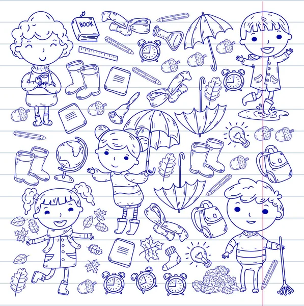 Autumn. Back to school. Education. Little children. Boys and girls. Kindergarten and school. Kids going to have fun and study. Play and grow together with books and teachers. Imagination. — Stock Vector
