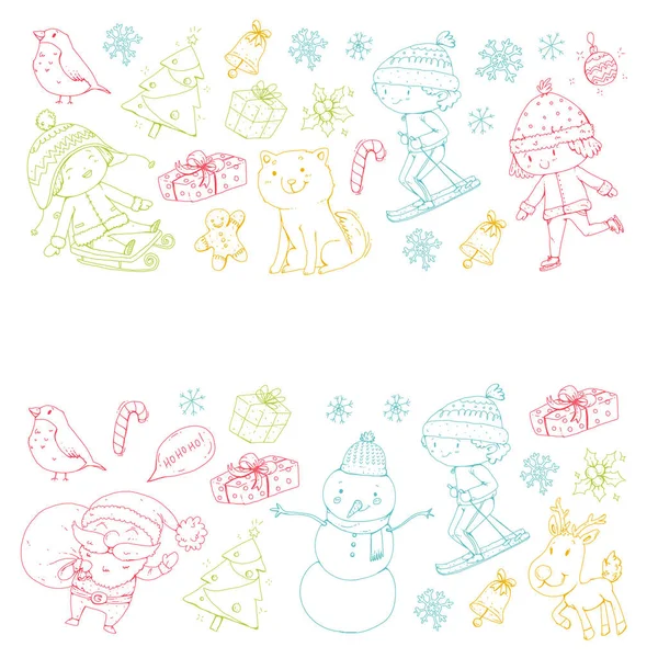 Merry Christmas celebration with children. Kids drawing illustration with ski, gifts, Santa Claus, snowman. Boys and girls play and have fun. School and kindergarten, preschool children — Stock Vector