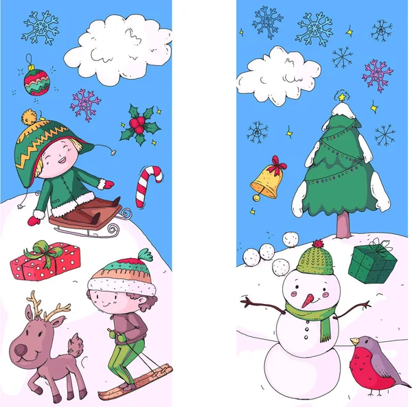 Feliz celebração de Natal com as crianças. Crianças desenho ilustração com esqui, presentes, Papai Noel, boneco de neve. Meninos e meninas brincam e se divertem. Escola e jardim de infância, crianças pré-escolares — Vetor de Stock