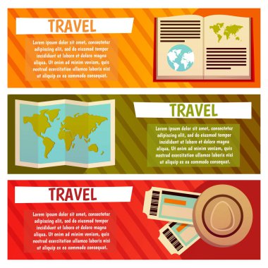 Vektör afiş seyahat öğeler ile. Düz illüstrasyon. Harita, şapka, Bilet, kitap, rehber, günlük, toprak, kelime geniş seyahat