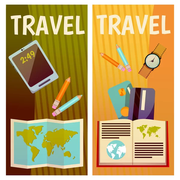 Banner vectorial con artículos de viaje. Ilustración plana Libro, billete, guía, libro de texto, bloc de notas, sombrero, reloj, mapa, lápiz, pluma, billetera, tarjeta — Archivo Imágenes Vectoriales