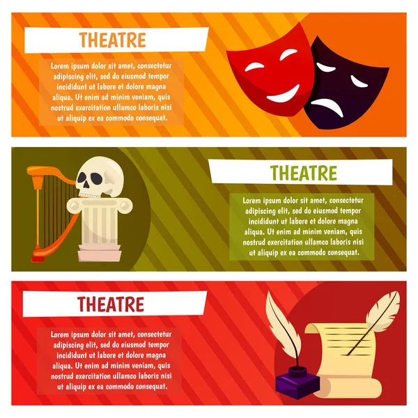 Banner vectorial con iconos de teatro. calavera, lira, lira, arpa, pluma, escenario, guion, guion, continuidad, libro, photoplay, top-hat, high-hat, cilindro — Archivo Imágenes Vectoriales