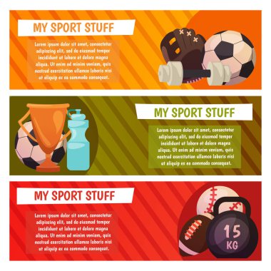 Vektör afiş ile spor kutsal kişilerin resmi. Spor ve fitness. Top, ağırlık, dumpbell, Ödülü, gold Kupası