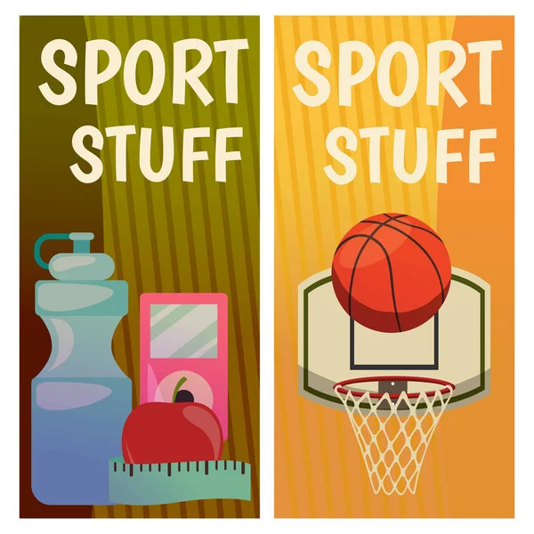 Векторні банери зі спортивними значками. Фітнес. Баскетбол. Готовий плакат з кошиком, м'ячем, пляшкою води, яблуком — стоковий вектор