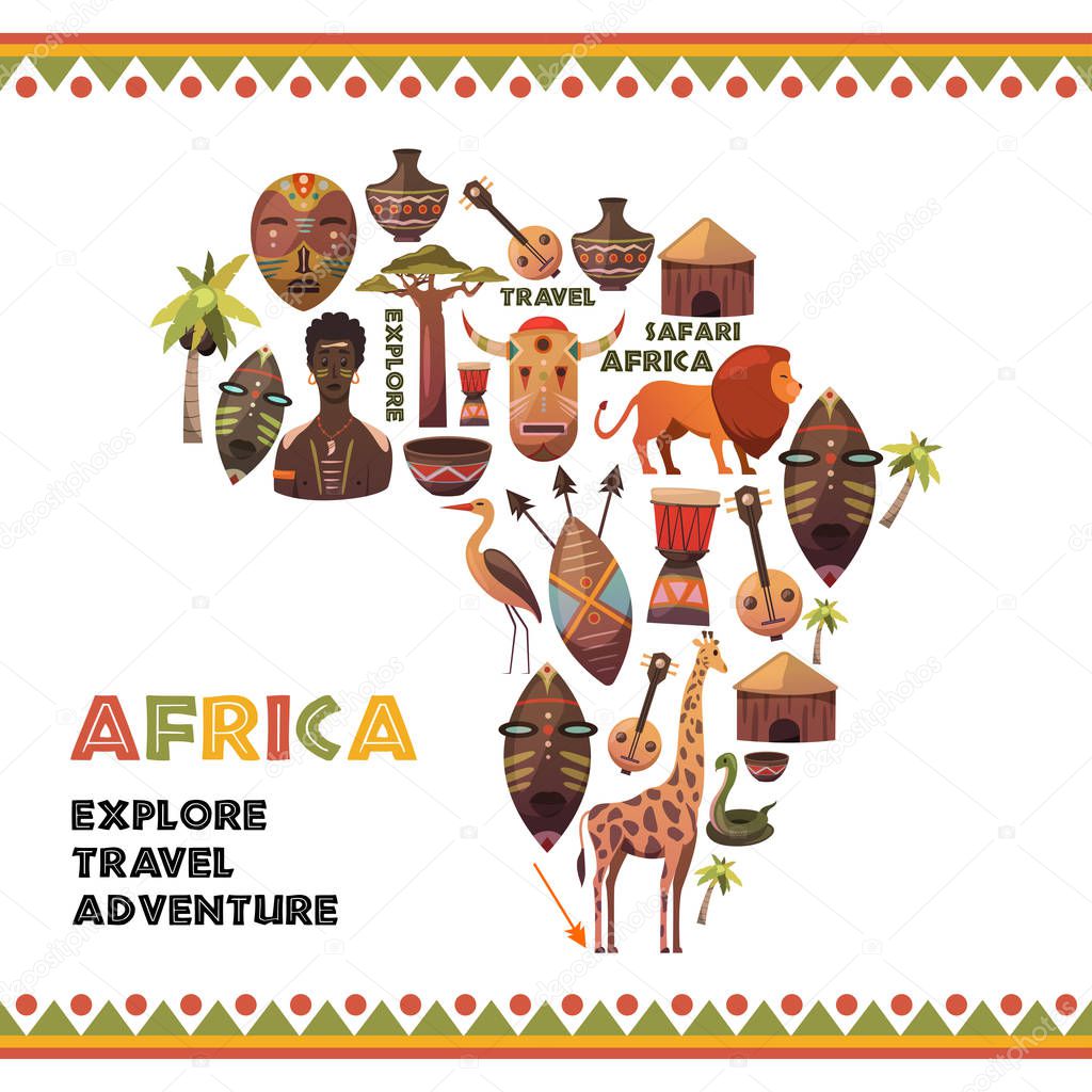 Map of Africa with vector icons. Masks, music, animals, people. Safari, travel and adventure. Explore new world.