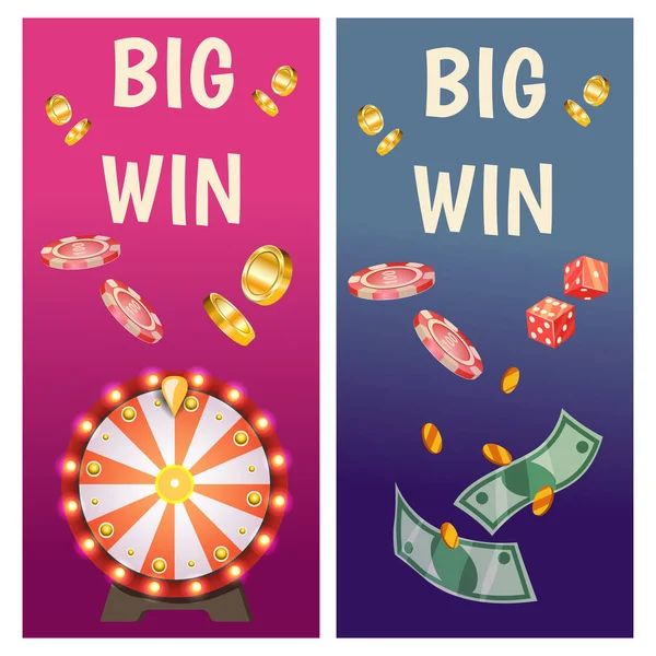 Vector flat banners with casino icons. Big win, slots, roulette. — Stock Vector