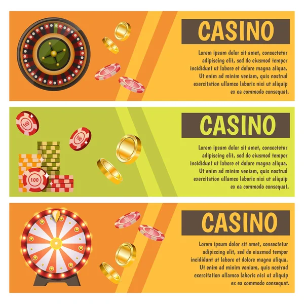 Banderas planas vectoriales con iconos de casino. Gran victoria, ranuras, ruleta . — Archivo Imágenes Vectoriales