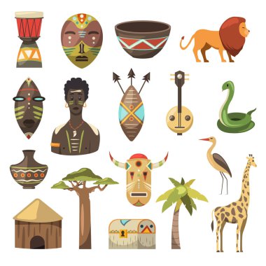 Afrika. Afrika görüntüleri. Vektör simgeler. Zürafa, maske, adam, yılan, vazo, aslan, house, palm, baobab