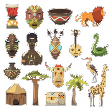Afrika. Afrika görüntüleri. Vektör simgeler. Zürafa, maske, adam, yılan, vazo, aslan, house, palm, baobab