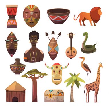 Afrika. Afrika görüntüleri. Vektör simgeler. Zürafa, maske, adam, yılan, vazo, aslan, house, palm, baobab