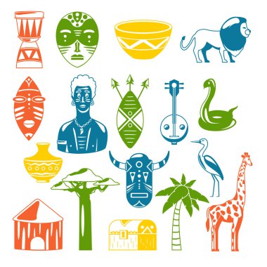 Afrika. Afrika görüntüleri. Vektör simgeler. Zürafa, maske, adam, yılan, vazo, aslan, house, palm, baobab