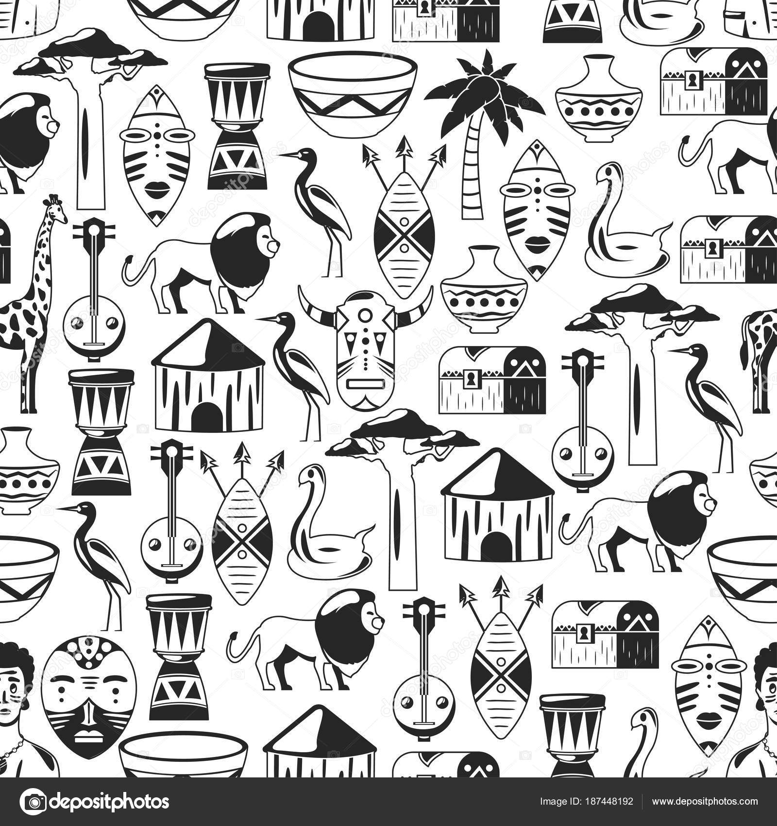 无缝的非洲模式。非洲民族偶像之旅。部落例证。非洲面具, 动物, 房子, 树, 棕榈, 猴面包图库矢量图©Helen_F 187448192, image size:1600x1700