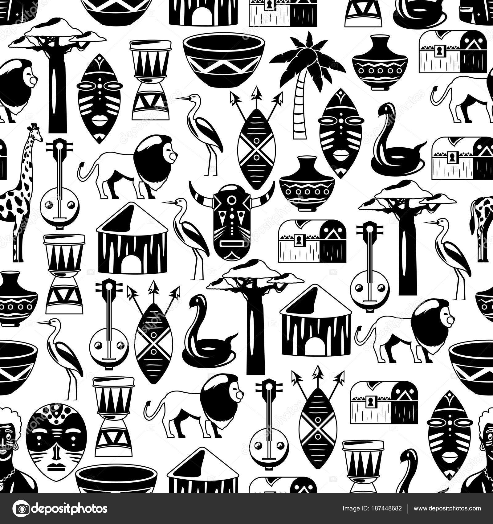 Seamless african pattern. Travel to Africa ethnic icons. Tribal  illustration. African mask, animals, house, tree, palm, baobab Stock Vector  by ©Helen_F 187448682, image size:1600x1700