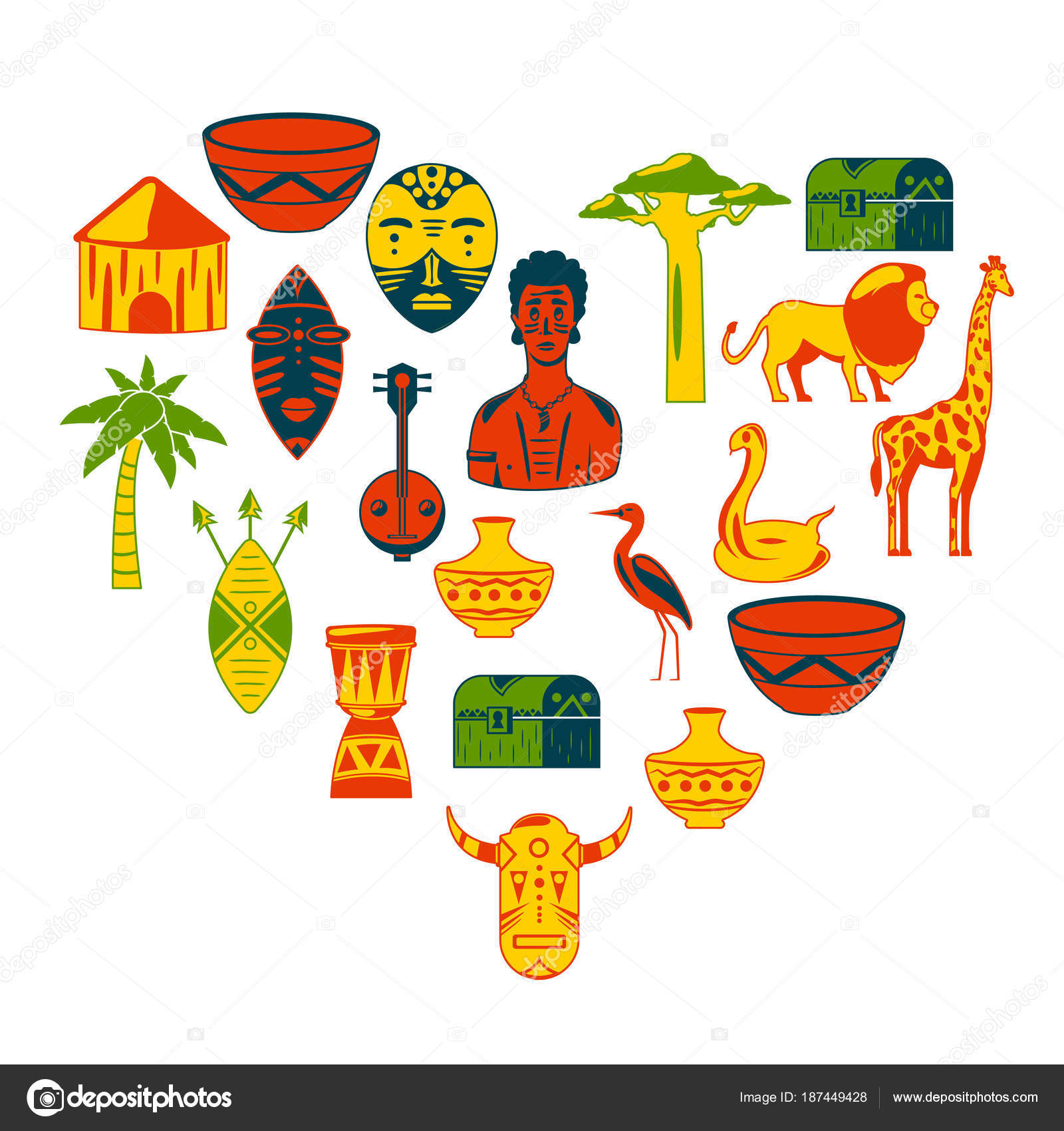 I love Africa. Heart of Africa. African tribal icons, heart shape ...