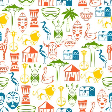 Seamless Afrika modeli. Afrika etnik simgeler için seyahat. Kabile illüstrasyon. Afrika maskesi, hayvanlar, ev, ağaç, palm, baobab