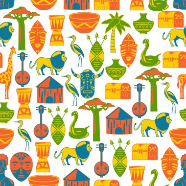 Seamless Afrika modeli. Afrika etnik simgeler için seyahat. Kabile illüstrasyon. Afrika maskesi, hayvanlar, ev, ağaç, palm, baobab