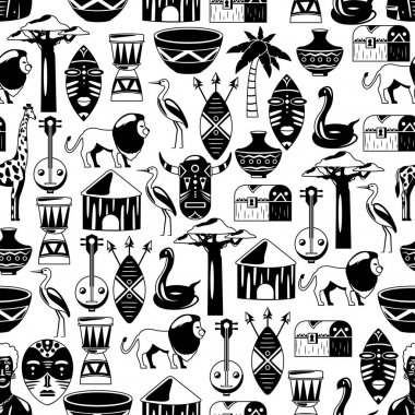 Seamless Afrika modeli. Afrika etnik simgeler için seyahat. Kabile illüstrasyon. Afrika maskesi, hayvanlar, ev, ağaç, palm, baobab