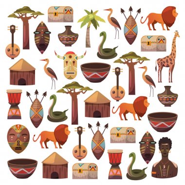 Afrika desen. Afrika etnik simgeler için seyahat. Kabile illüstrasyon. Afrika maskesi, hayvanlar, ev, ağaç, palm, baobab