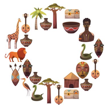 Afrika. Poster için çerçeve. Afrika etnik simgeler için seyahat. Kabile illüstrasyon. Afrika maskesi, hayvanlar, ev, ağaç, palm, baobab