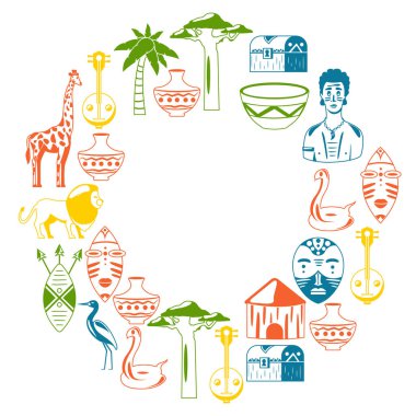 Afrika. Poster için çerçeve. Afrika etnik simgeler için seyahat. Kabile illüstrasyon. Afrika maskesi, hayvanlar, ev, ağaç, palm, baobab