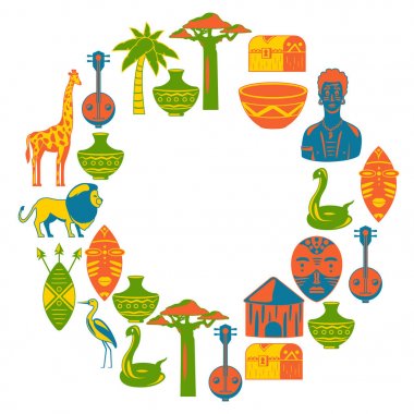 Afrika. Poster için çerçeve. Afrika etnik simgeler için seyahat. Kabile illüstrasyon. Afrika maskesi, hayvanlar, ev, ağaç, palm, baobab