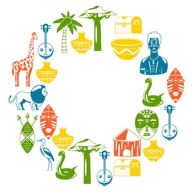 Afrika. Poster için çerçeve. Afrika etnik simgeler için seyahat. Kabile illüstrasyon. Afrika maskesi, hayvanlar, ev, ağaç, palm, baobab