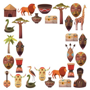Afrika. Poster için çerçeve. Afrika etnik simgeler için seyahat. Kabile illüstrasyon. Afrika maskesi, hayvanlar, ev, ağaç, palm, baobab