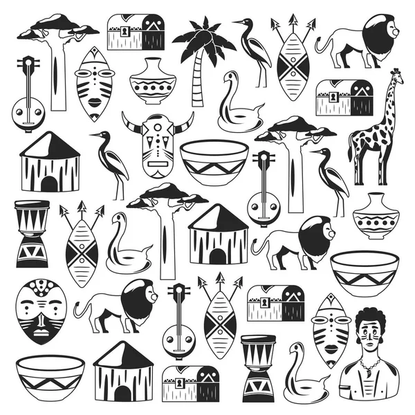 アフリカのパターン。アフリカ民族アイコンへの旅行します。部族の図。アフリカのマスク、動物、家、木、ヤシ、バオバブ — ストックベクタ
