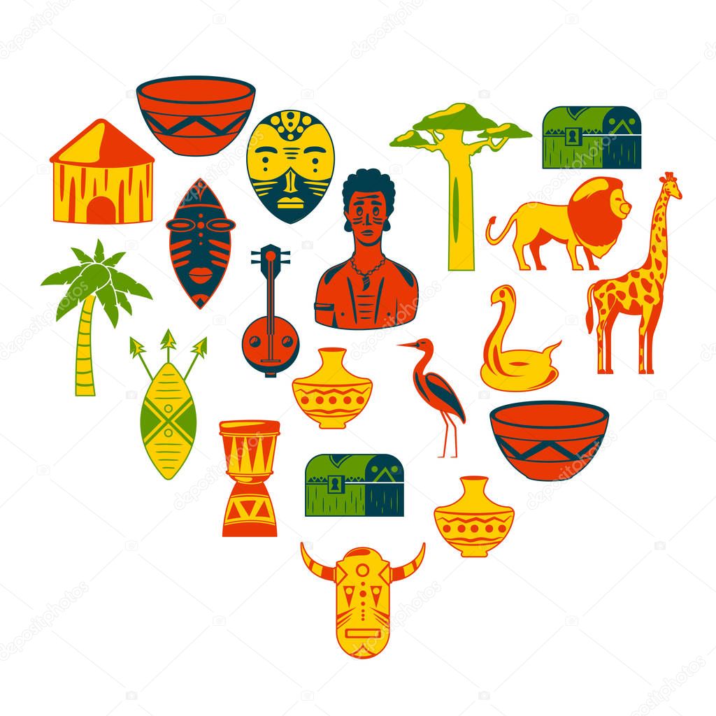 I love Africa. Heart of Africa. African tribal icons, heart shape. Pattern. Masks, animals, birds, music, culutre. T-shirt print.