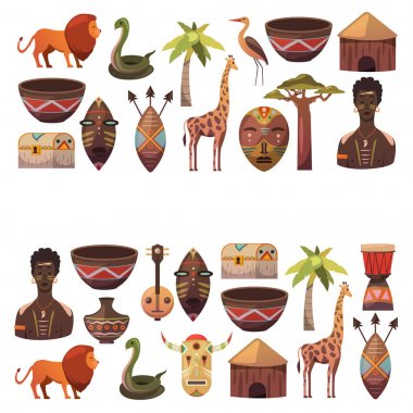 Afrika afiş. Afrika simgeler ve tasarım öğeleri için afişler, posterler, arka planlar. Zürafa, aşiret maskeleri, palm, baobab, davul, müzik