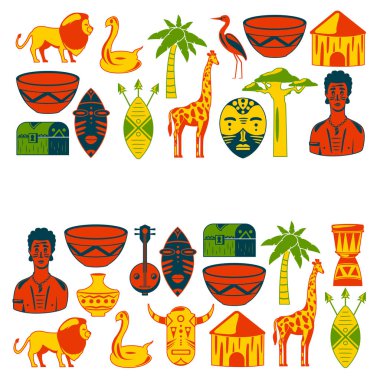 Afrika afiş. Afrika simgeler ve tasarım öğeleri için afişler, posterler, arka planlar. Zürafa, aşiret maskeleri, palm, baobab, davul, müzik