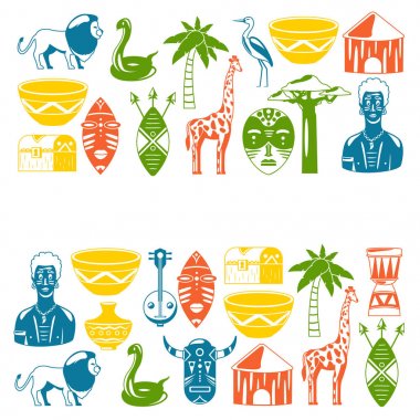 Afrika afiş. Afrika simgeler ve tasarım öğeleri için afişler, posterler, arka planlar. Zürafa, aşiret maskeleri, palm, baobab, davul, müzik