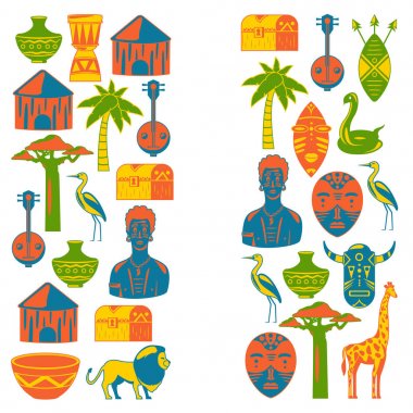 Afrika afiş. Afrika simgeler ve tasarım öğeleri için afişler, posterler, arka planlar. Zürafa, aşiret maskeleri, palm, baobab, davul, müzik