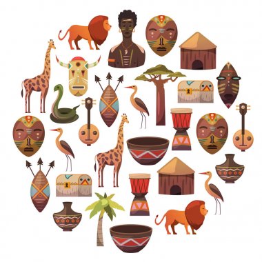 Afrika afiş. Afrika simgeler ve tasarım öğeleri için afişler, posterler, arka planlar. Zürafa, aşiret maskeleri, palm, baobab, davul, müzik