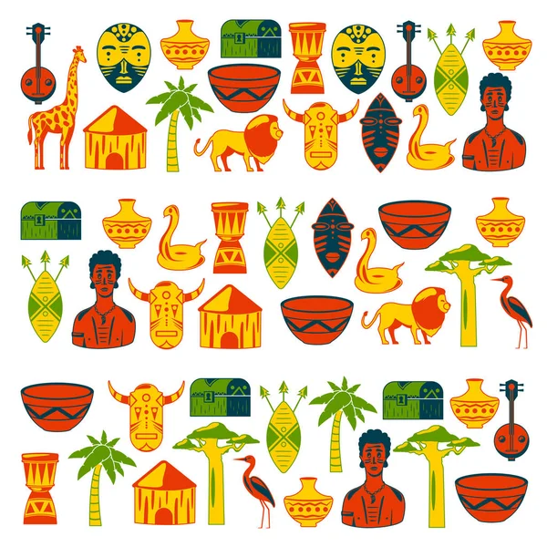Afrikanische Banner Afrikanische Ikonen Und Gestaltungselemente Fur Banner Poster Hintergrunde Giraffe Stammesmasken Palme Baobab Trommel Musik Vektorgrafik Lizenzfreie Grafiken C Helen F 187451418 Depositphotos