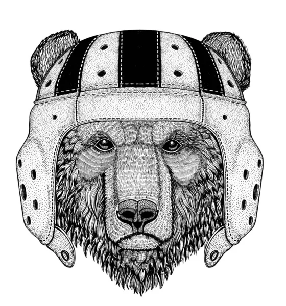Oso pardo Oso ruso Animal salvaje con casco de rugby Ilustración deportiva — Archivo Imágenes Vectoriales