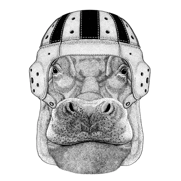 Hippo, flodhäst, behemoth, floden-hästen vilda djur bär rugby hjälm Sport illustration — Stock vektor