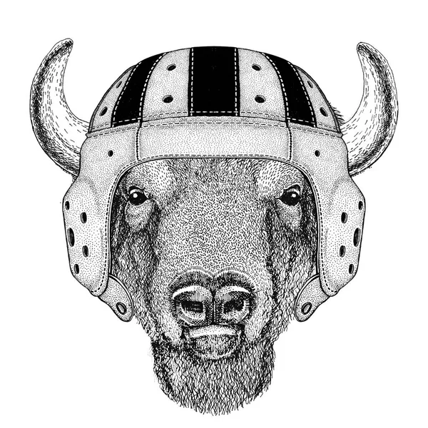 Büffel, Bison, Ochse, Stier wildes Tier trägt Rugbyhelm Sport Illustration — Stockvektor