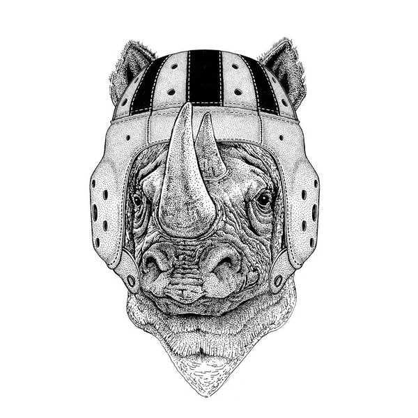 Rinoceronte, rinoceronte Animal salvaje con casco de rugby Ilustración deportiva — Archivo Imágenes Vectoriales