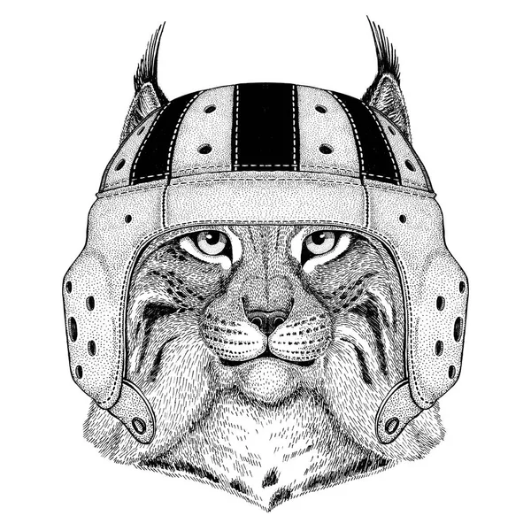 Gato salvaje Lynx Bobcat Trot Animal salvaje con casco de rugby Ilustración deportiva — Vector de stock
