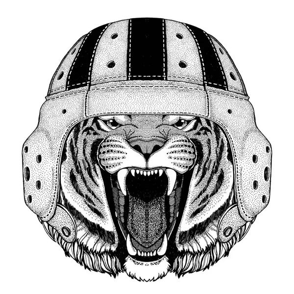 Wild tiger Wild animal wearing rugby helmet Illustrazione sportiva — Vettoriale Stock
