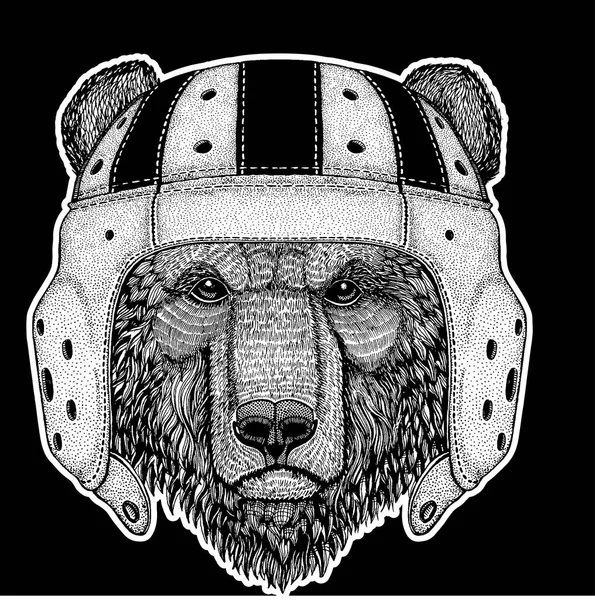 Oso marrón Oso ruso Animal salvaje con casco de rugby — Vector de stock