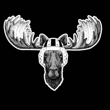 Rugby oyuncusu. Moose, elk elle çizilmiş illüstrasyon dövme, amblem, rozet, logo, yama, t-shirt için